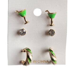 Green Cocktail Drink Stud Earrings Set Crystal Swirl Hoops 3 Pair, Free Gift Bag